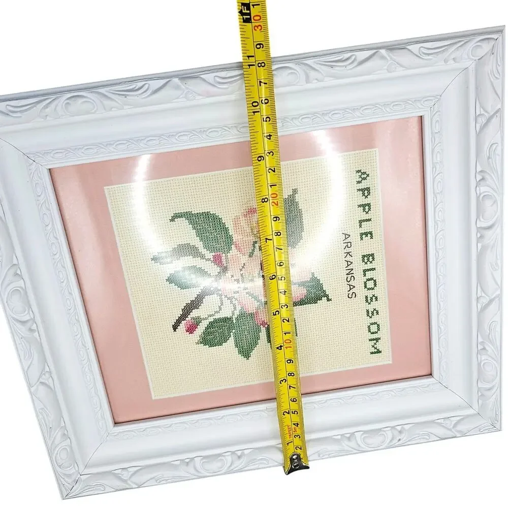 Apple Blossom Arkansas Cross Stitch Framed Wall Art 13x11 Pink Mat White Frame